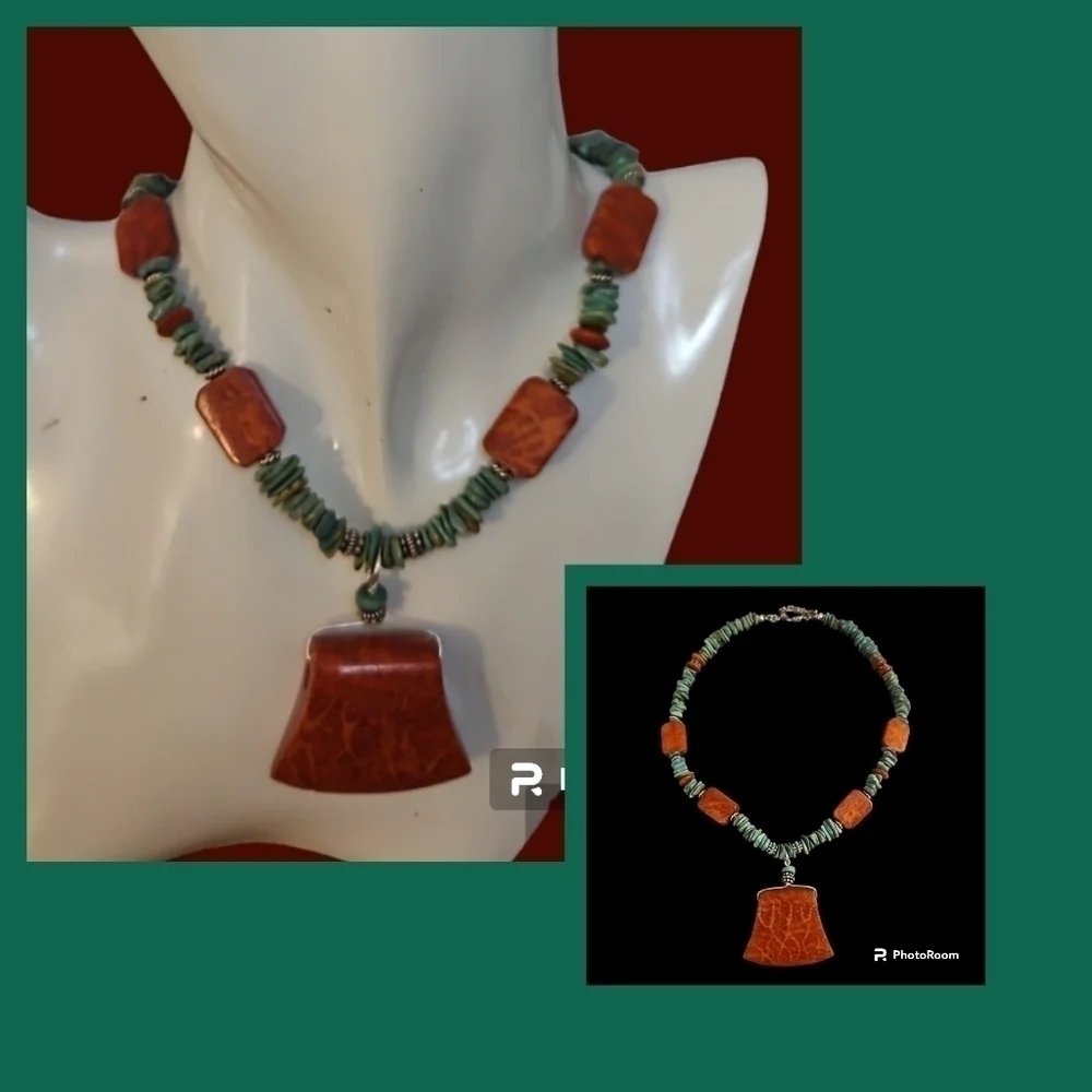 Vintage HANDMADE Coral and Turquoise Beaded Pendant Necklace
